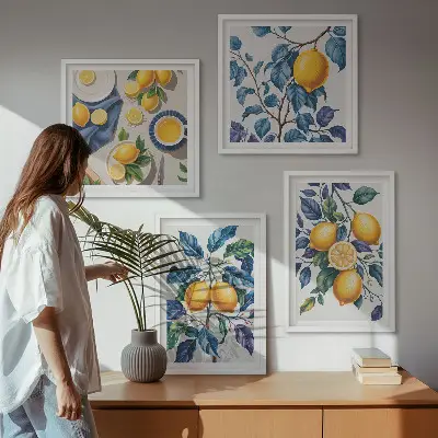 Moderní sada obrazů citronové větve s modrými listy