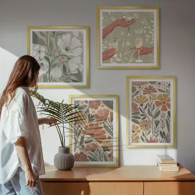 Dekorativní sada obrazů květinové vzory v oranžovozeleném provedení
