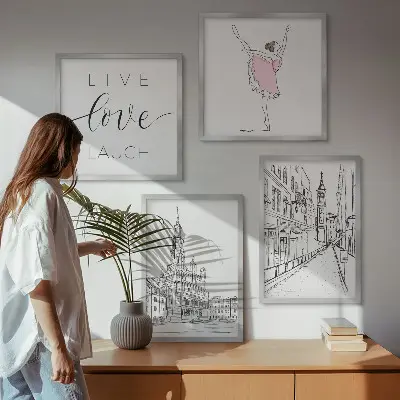 Dekorativní sada obrazů stylová grafika s motivem baleríny a architektury