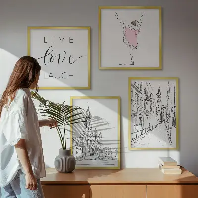 Dekorativní sada obrazů stylová grafika s motivem baleríny a architektury