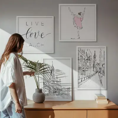 Dekorativní sada obrazů stylová grafika s motivem baleríny a architektury