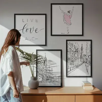 Dekorativní sada obrazů stylová grafika s motivem baleríny a architektury