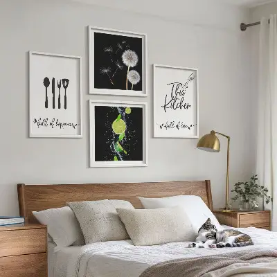 Moderní sada obrazů pampelišky s limetkovými kuchyňskými nápisy