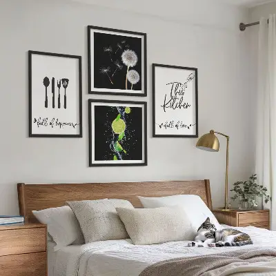 Moderní sada obrazů pampelišky s limetkovými kuchyňskými nápisy