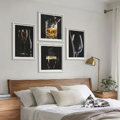 Dekorativní sada obrazů s motivem whisky, vína, šampaňského a kávy