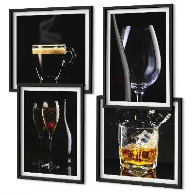 Dekorativní sada obrazů s motivem whisky, vína, šampaňského a kávy