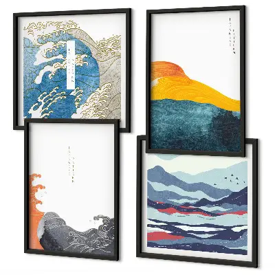 Dekorativní sada obrazů japonská grafika s motivem vln