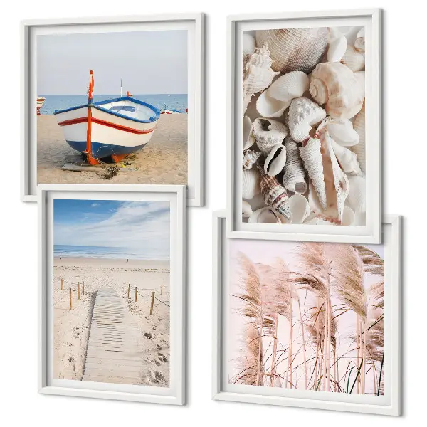 Moderní sada obrazů pláž, loď, mušle a tráva v boho stylu