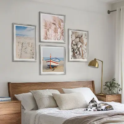 Moderní sada obrazů pláž, loď, mušle a tráva v boho stylu