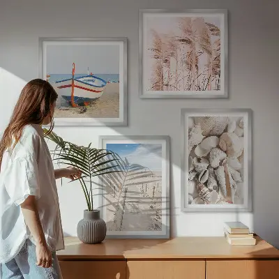Moderní sada obrazů pláž, loď, mušle a tráva v boho stylu