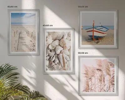 Moderní sada obrazů pláž, loď, mušle a tráva v boho stylu