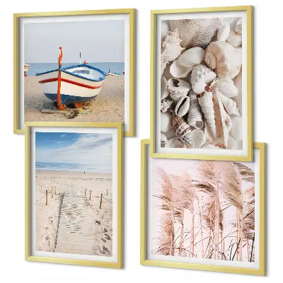 Moderní sada obrazů pláž, loď, mušle a tráva v boho stylu