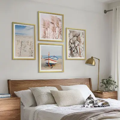 Moderní sada obrazů pláž, loď, mušle a tráva v boho stylu