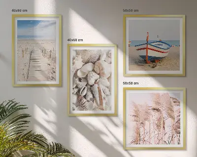 Moderní sada obrazů pláž, loď, mušle a tráva v boho stylu