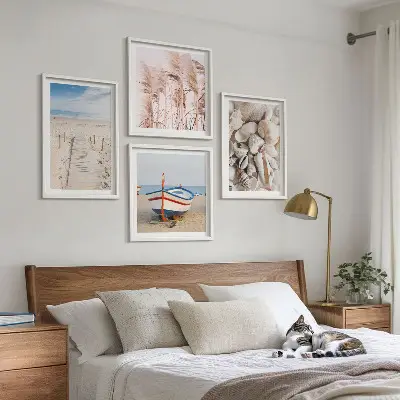Moderní sada obrazů pláž, loď, mušle a tráva v boho stylu
