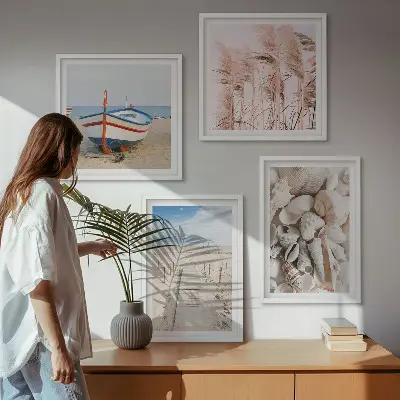 Moderní sada obrazů pláž, loď, mušle a tráva v boho stylu
