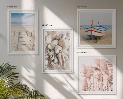 Moderní sada obrazů pláž, loď, mušle a tráva v boho stylu