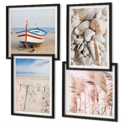 Moderní sada obrazů pláž, loď, mušle a tráva v boho stylu