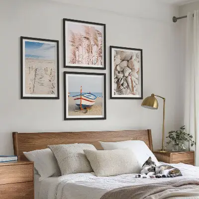 Moderní sada obrazů pláž, loď, mušle a tráva v boho stylu