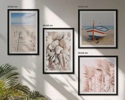 Moderní sada obrazů pláž, loď, mušle a tráva v boho stylu