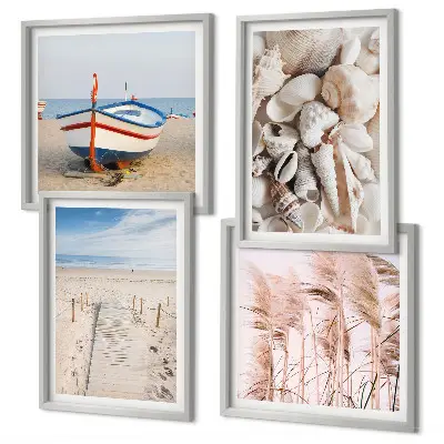 Moderní sada obrazů pláž, loď, mušle a tráva v boho stylu