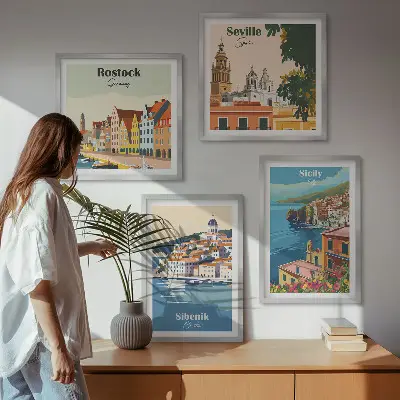 Moderní sada obrazů krajiny evropských měst