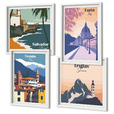 Moderní sada obrazů ilustrace s motivem retro horské architektury
