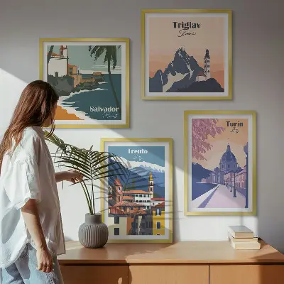 Moderní sada obrazů ilustrace s motivem retro horské architektury