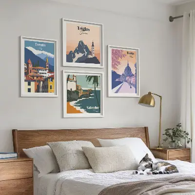 Moderní sada obrazů ilustrace s motivem retro horské architektury