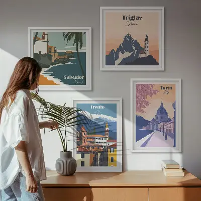Moderní sada obrazů ilustrace s motivem retro horské architektury