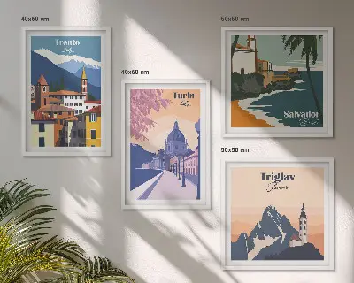 Moderní sada obrazů ilustrace s motivem retro horské architektury