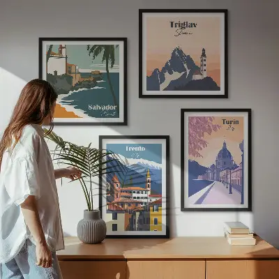Moderní sada obrazů ilustrace s motivem retro horské architektury