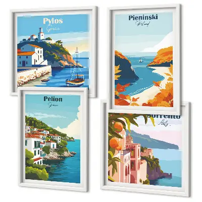Dekorativní sada obrazů retro krajiny v malebném stylu