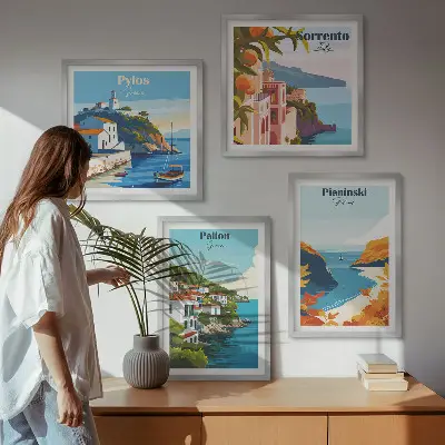 Dekorativní sada obrazů retro krajiny v malebném stylu