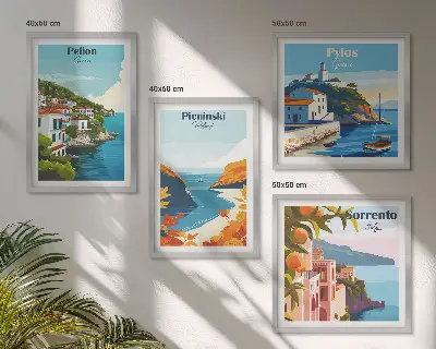 Dekorativní sada obrazů retro krajiny v malebném stylu
