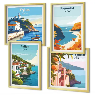 Dekorativní sada obrazů retro krajiny v malebném stylu