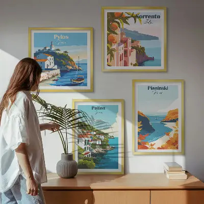 Dekorativní sada obrazů retro krajiny v malebném stylu