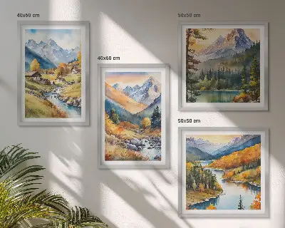 Sada obrazů Horská krajina moderní provedení s říčními chatami