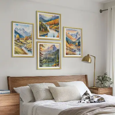 Sada obrazů Horská krajina moderní provedení s říčními chatami