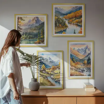 Sada obrazů Horská krajina moderní provedení s říčními chatami