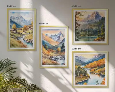 Sada obrazů Horská krajina moderní provedení s říčními chatami