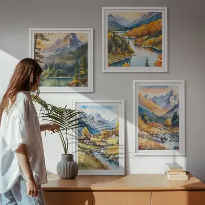 Sada obrazů Horská krajina moderní provedení s říčními chatami