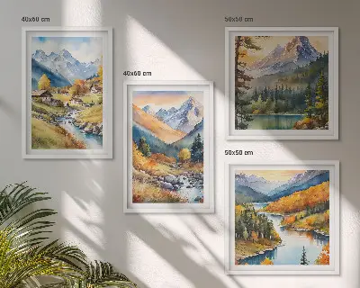 Sada obrazů Horská krajina moderní provedení s říčními chatami