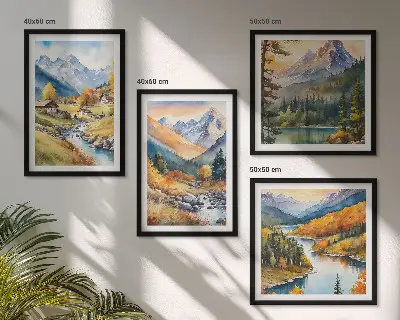 Sada obrazů Horská krajina moderní provedení s říčními chatami