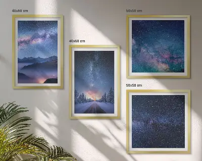 Moderní sada obrazů noční obloha s horskou zimní krajinou