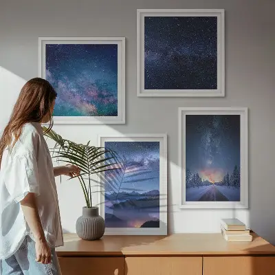 Moderní sada obrazů noční obloha s horskou zimní krajinou