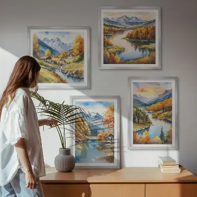 Moderní sada obrazů podzimní hory s říční chatou