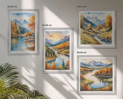 Moderní sada obrazů podzimní hory s říční chatou