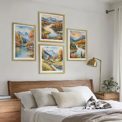 Moderní sada obrazů podzimní hory s říční chatou