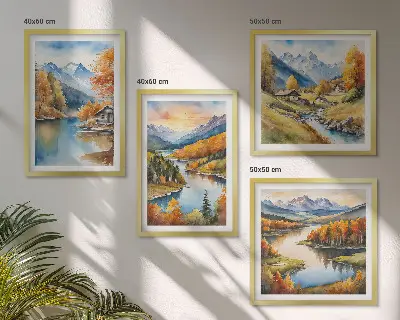 Moderní sada obrazů podzimní hory s říční chatou